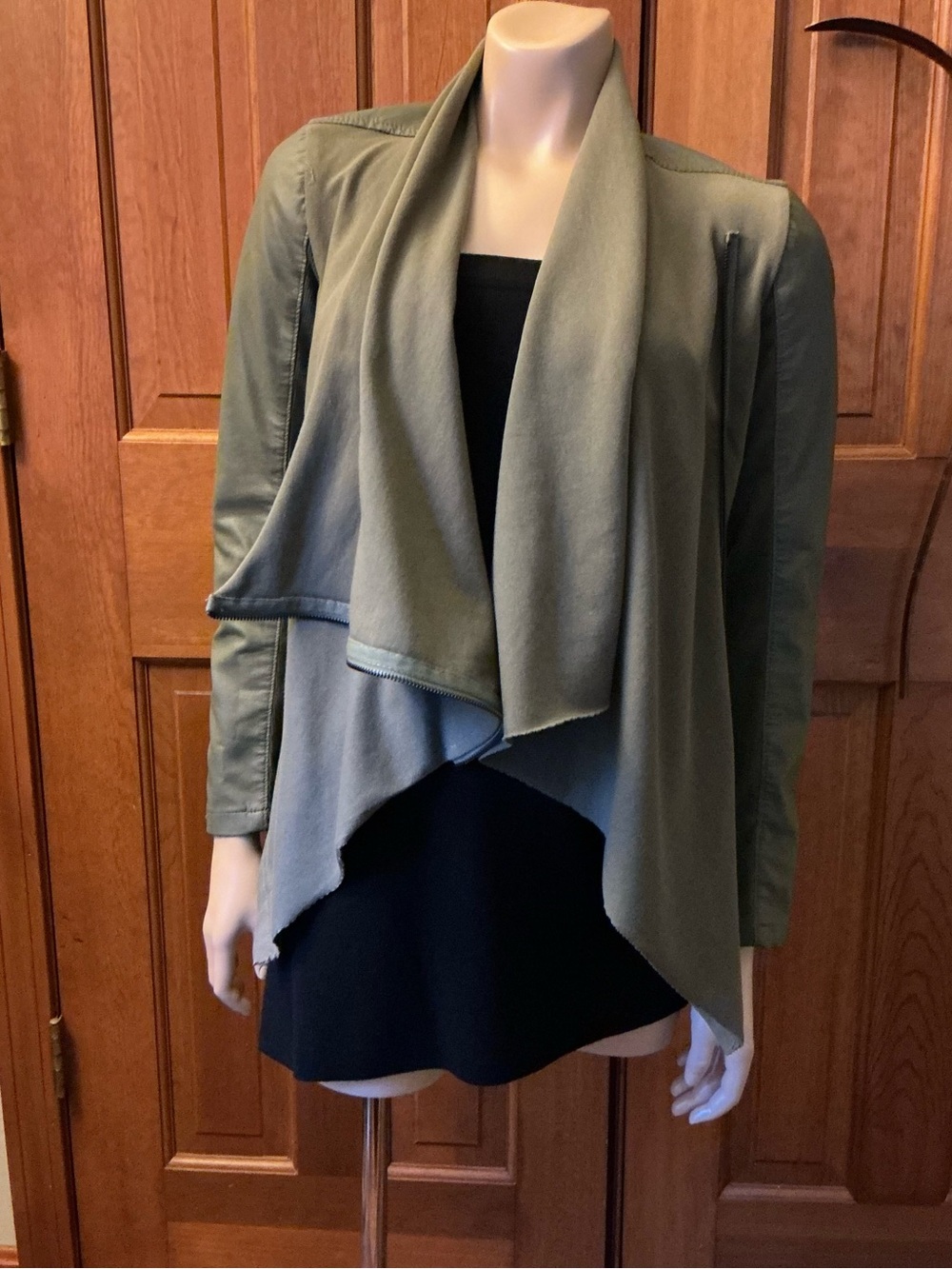 Draped Open-Front Olive Green Jacket with side asymmetrical zipper